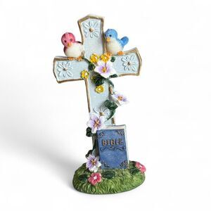 Whimsical ceramic cross with birds and flowers, Delicate Vintage Home Decor